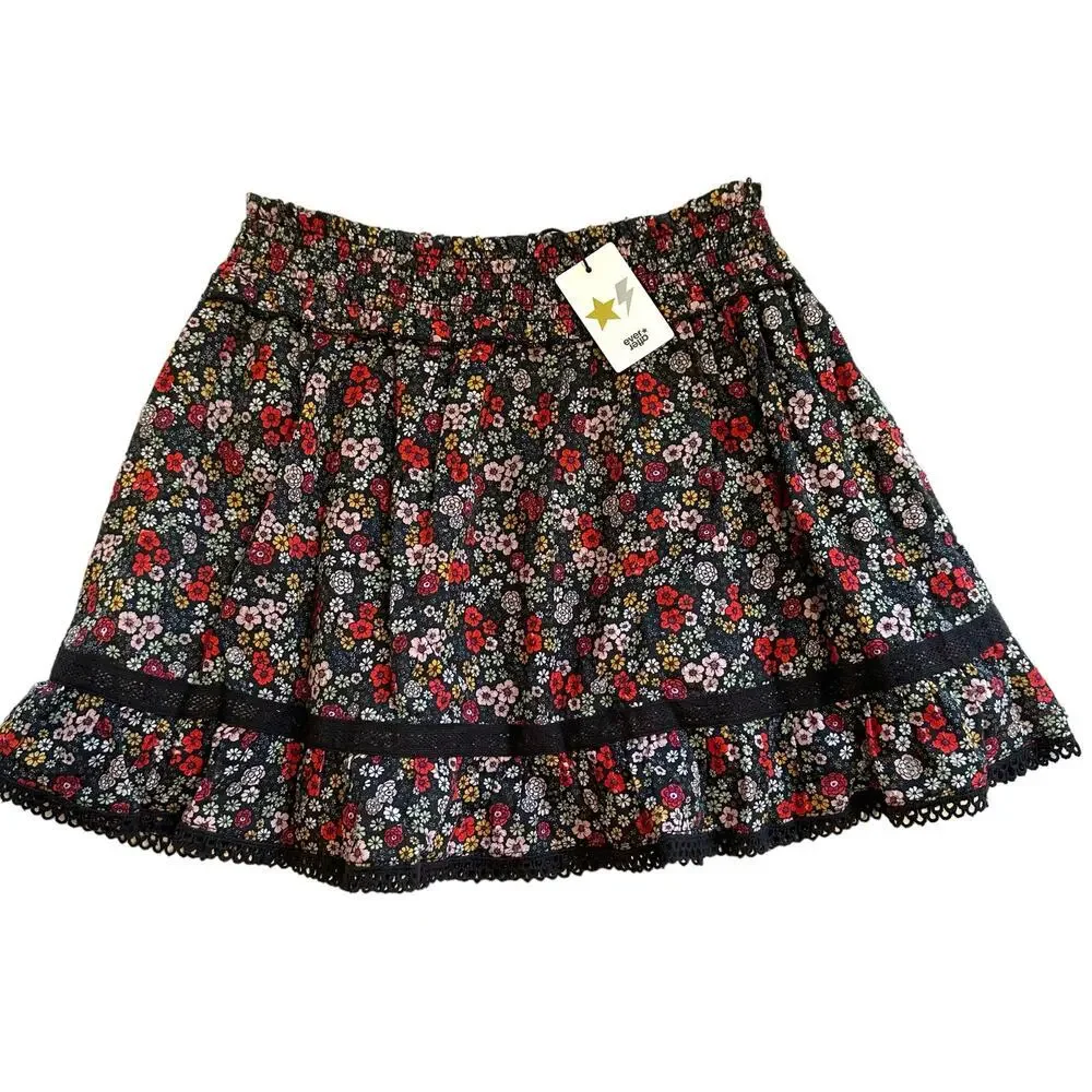 NWT Everafter Girls Black Floral Kara Skirt 12